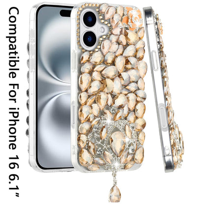 For Apple iPhone 16 (6.1") Bling Crystal 3D Full Diamonds Jewelry Luxury Sparkle Rhinestone Glitter Hybrid Protective Case Cover