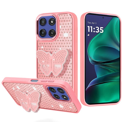 For Motorola Moto G Stylus 5G 2026 /2025 Butterfly Moveable Grip 3D Pop Stand Full Diamond Bling Sparkling TPU Fashion Hybrid Case Cover Pink
