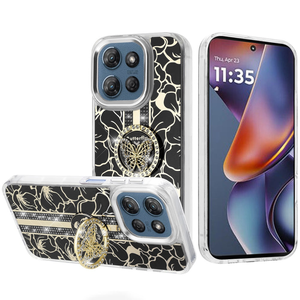 For Motorola Moto G Play 5G 2026 Diamonds 3D Butterfly Floral Design Bling Sparkly Glitter Hybrid Metal Fashion with Ring Stand Case Cover