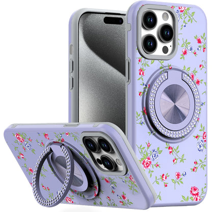 For Apple iPhone 16e Pattern Design Hybrid with Invisible Ring Stand & Magnetic Back, Shockproof Protective Grip Case Cover Purple Spring Floral