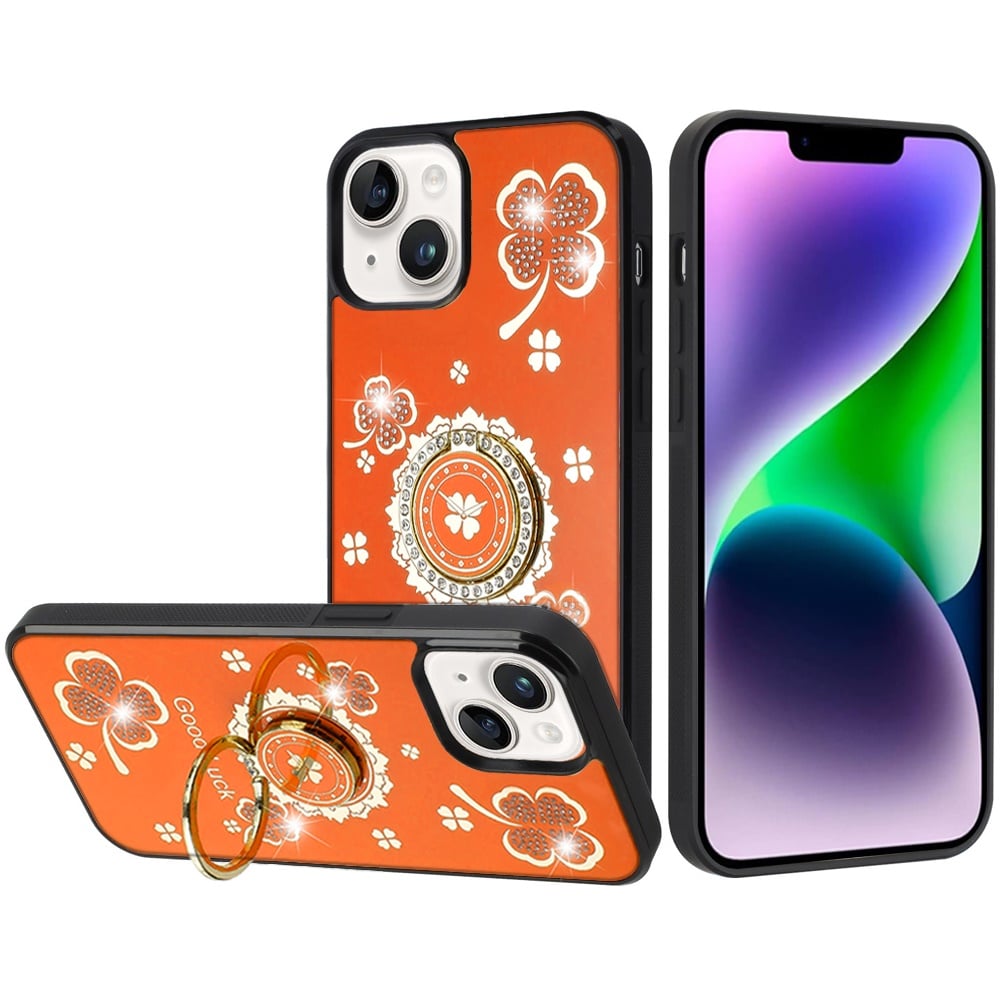 For iPhone 14/13 (6.1") Diamonds 3D Butterfly Bling Sparkly Glitter Ornaments Engraving Hybrid Metal Fashion Case Cover Good Luck Floral Cosmic Orange