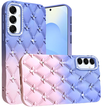 For Samsung Galaxy S25 /S24 Fashion Flower Design Sparkle Glitter Shimmer Rhinestone Bling Floral Accents, Leather Texture TPU Case Cover