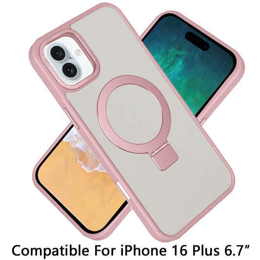 For Apple iPhone 16 Plus (6.7") Magnetic Metal Matte Built-in Compatible with MagSafe Stand Hybrid Shock Armor TPU Case Cover Pink