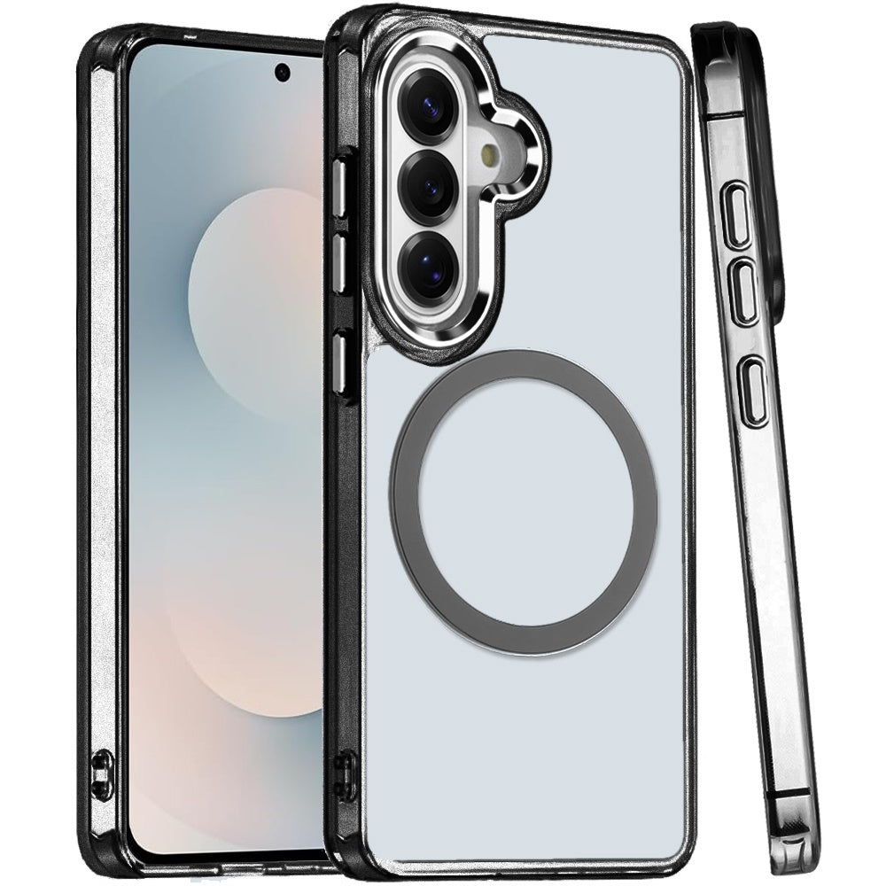 For Samsung Galaxy S25 FE /S25 Fan Edition Transparent Back Hybrid Case - Magnetic Circle, Color Frame, Metal Buttons, MagSafe Compatible Case Cover