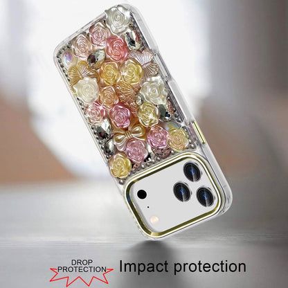 Phone Case for Apple iPhone 17 Pro Max (6.9") 3D Flower Bling Rhinestone Glitter Cute Stylish Shockproof Protective Decorative Luxury Grip Stones Ornaments Cover Orange