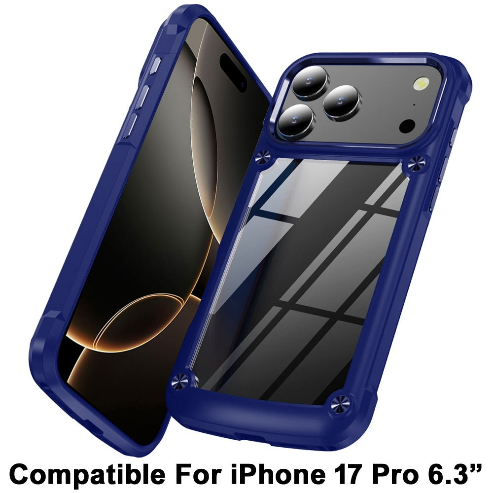 For Apple iPhone 17 Pro Hybrid Transparent Rubber with Metal Buttons & Camera Edges Hard TPU Corner Frame Bumper Case Cover