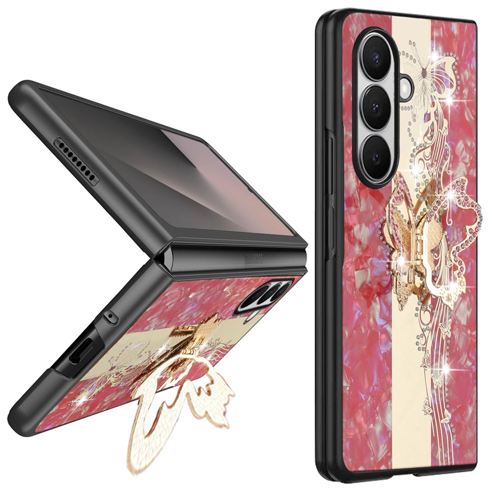 Phone Case for Samsung Galaxy Z Fold 7 Diamond 3D Fashion Floral Glitter Engraved Luxury Bling Hybrid Shockproof Chrome Edge Protective Grip Cover Enchanted Butterfly Red