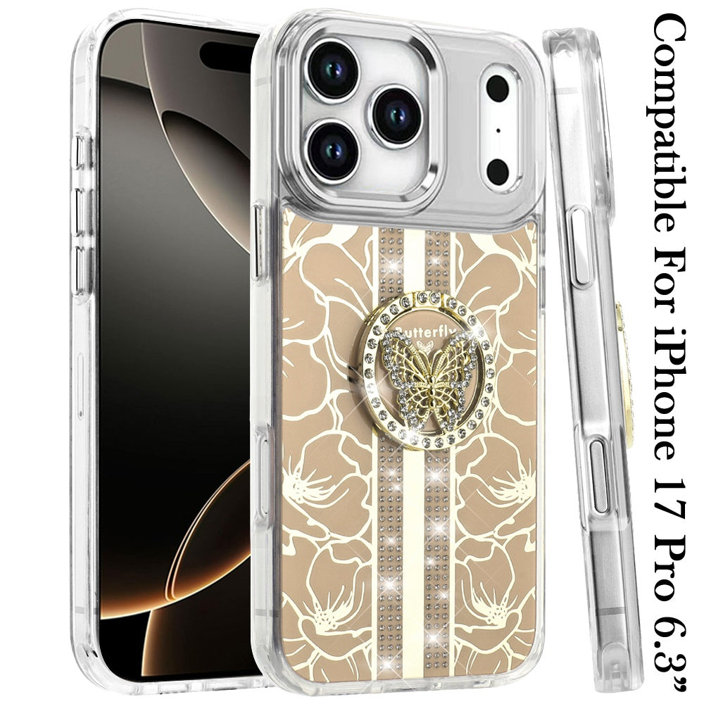 For Apple iPhone 17 Pro (6.3") Diamonds 3D Butterfly Floral Design Bling Sparkly Glitter Hybrid Metal Fashion with Ring Stand Case Cover