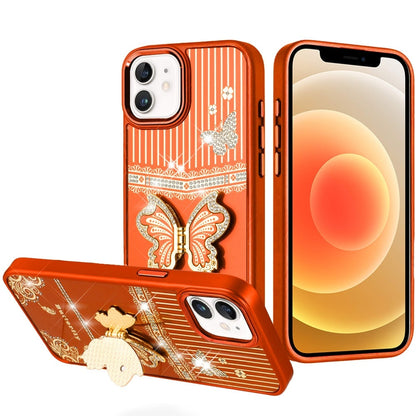 For iPhone 12 / iPhone 12 Pro (6.1") Glitter 3D Butterfly Design Bling Metallic Edge Hybrid Stand Drop Protection TPU Shockproof Case Cover Cosmic Orange