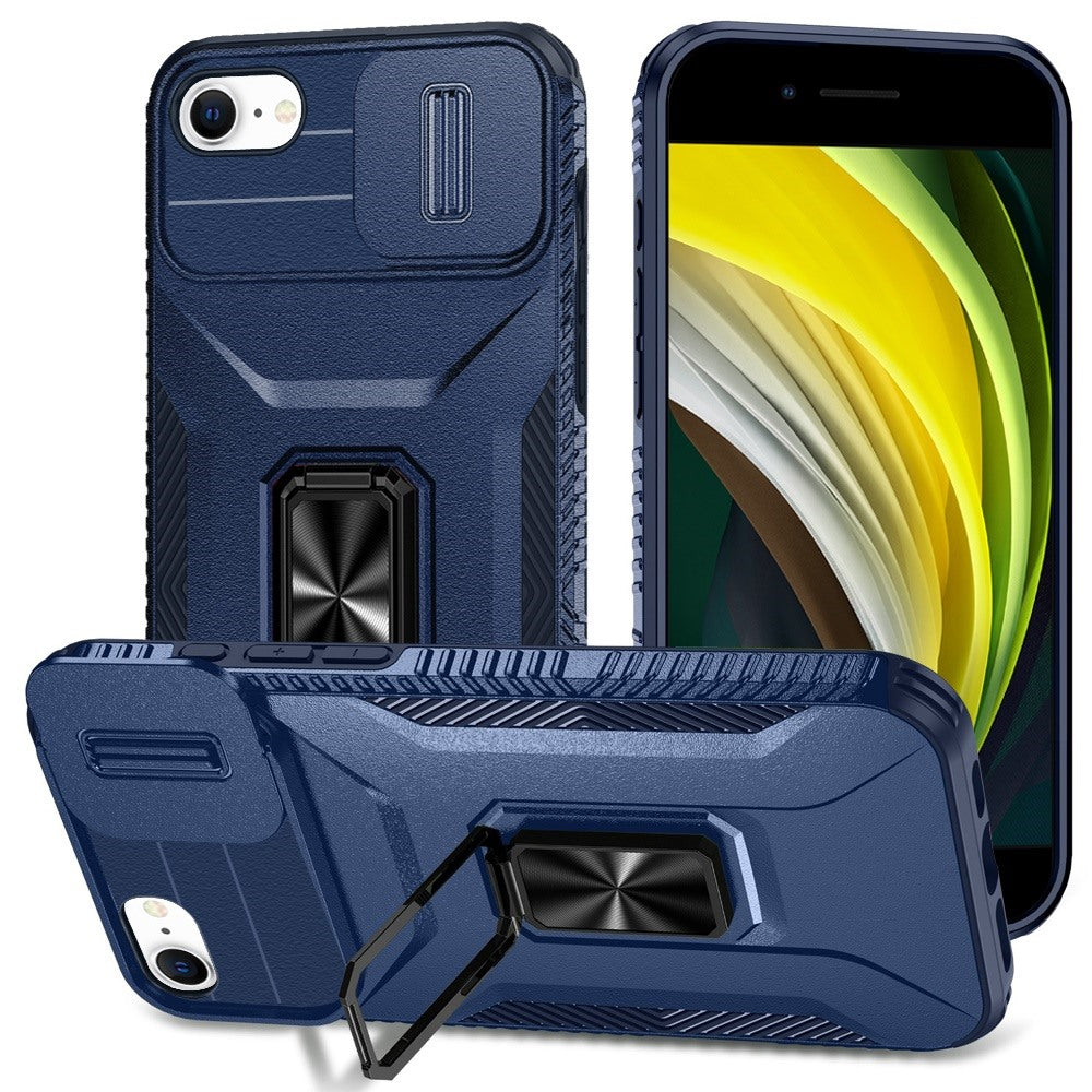 For Apple iPhone SE 3 (2022) SE/8/7 Case, Camera Cover with Magnetic Rotation Ring Stand, Military Grade Hybrid Hard TPU Shockproof Case Cover Blue