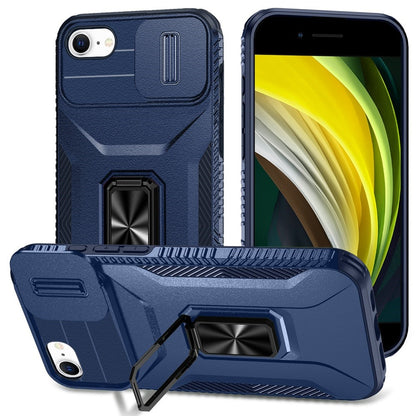 For Apple iPhone SE 3 (2022) SE/8/7 Case, Camera Cover with Magnetic Rotation Ring Stand, Military Grade Hybrid Hard TPU Shockproof Case Cover Blue