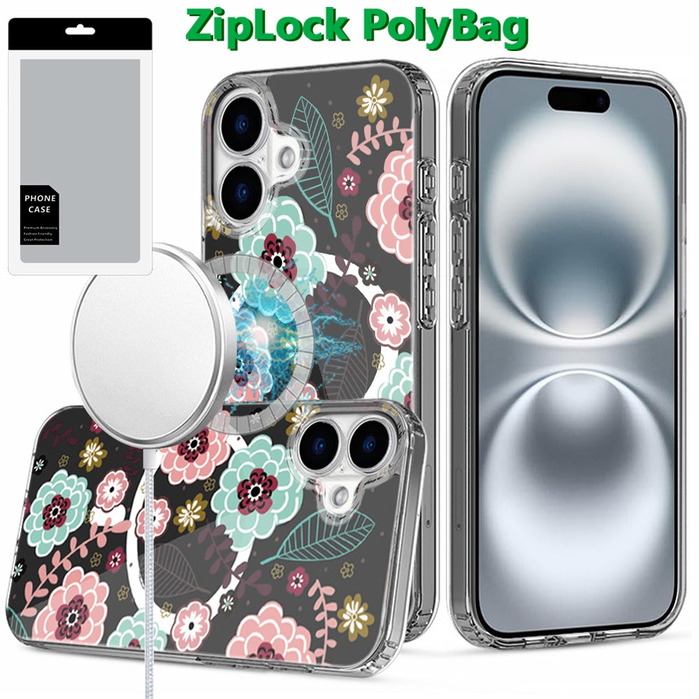 For iPhone 16 (6.1") Hybrid Flower Design Stylish Fashion Case, MagSafe Compatible, Thick Shockproof Hard PC Case Cover Wildflower