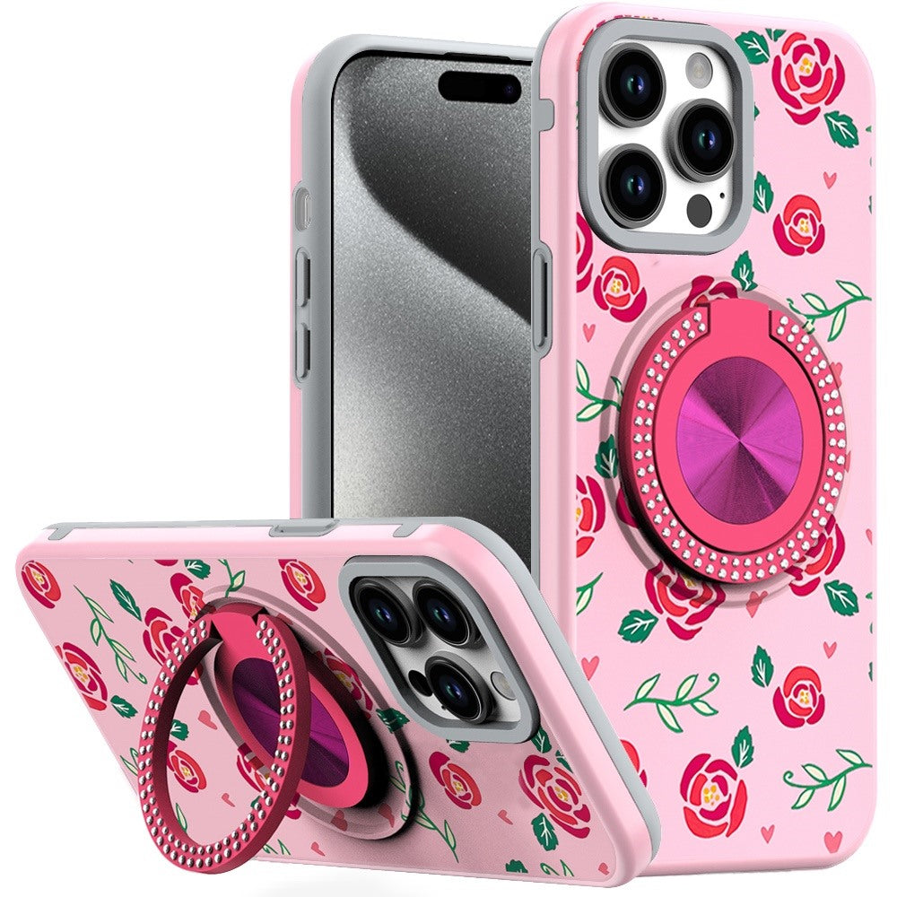For Apple iPhone 16e Pattern Design Hybrid with Invisible Ring Stand & Magnetic Back, Shockproof Protective Grip Case Cover Red Roses