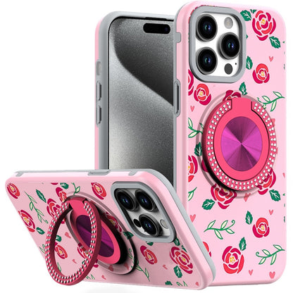 For Apple iPhone 16e Pattern Design Hybrid with Invisible Ring Stand & Magnetic Back, Shockproof Protective Grip Case Cover Red Roses