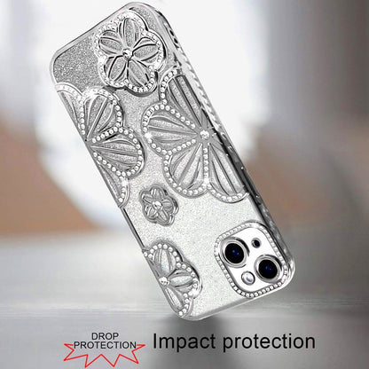 For iPhone 14/13 (6.1") Luxury Flower Design Sparkle Glitter Diamond Rhinestone Shimmer Bling Plating Thick TPU Hard PC Case Cover