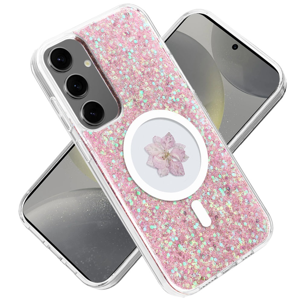 For Samsung Galaxy S25+ /S25 Plus /S24+ Plus MagSafe Compatible Glitter Flower Epoxy Hybrid Slim TPU Case, Magnetic Circle Design, Sparkly Bling Protective Case Cover