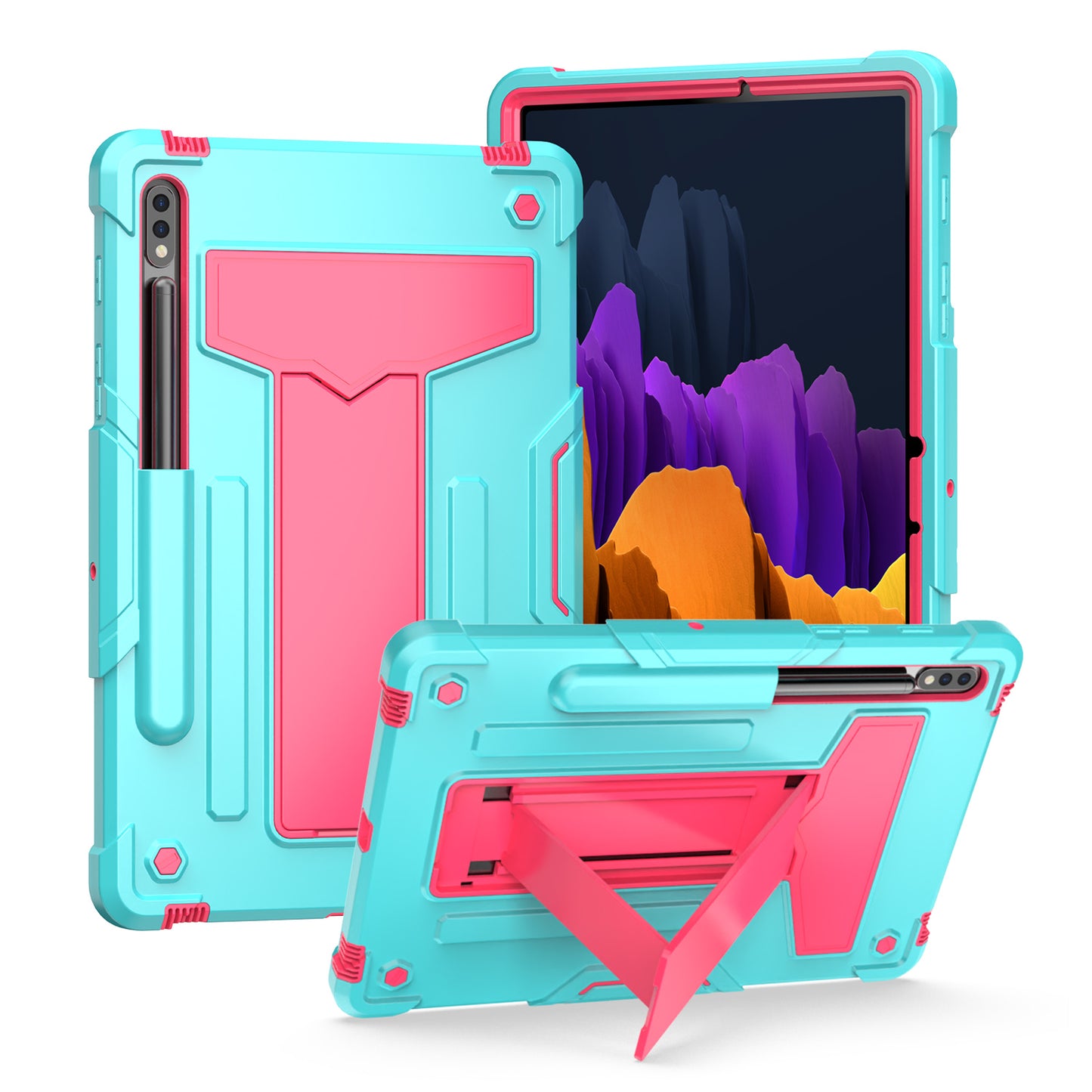 For Tough Hybrid with Vertical 3-in-1 Design, Built-in Kickstand, Shockproof Rugged Full Body with Grip Protection Teal Pink Tablet Case Cover