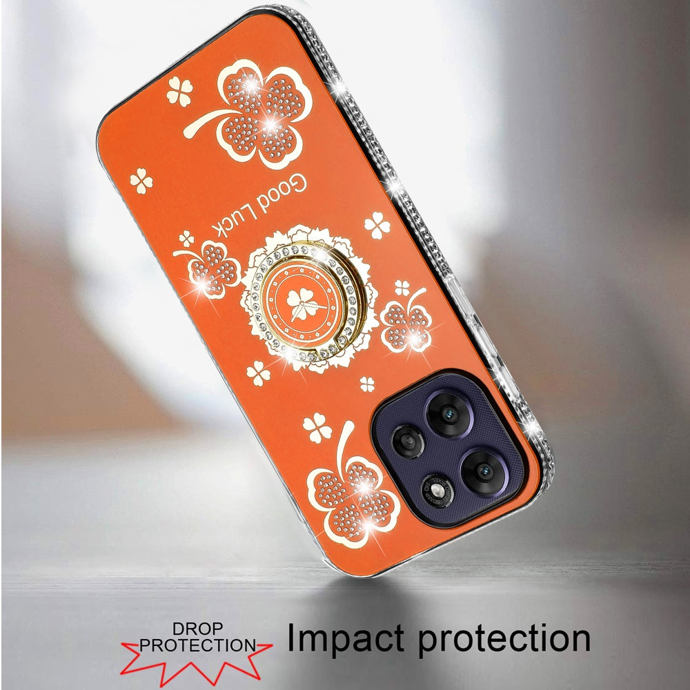 For Motorola Moto G Power 5G 2026 /2025 Diamonds Bling All Around Edges Sparkly Glitter Hybrid with Ring Stand Holder Fashion Good Luck Case Cover Cosmic Orange