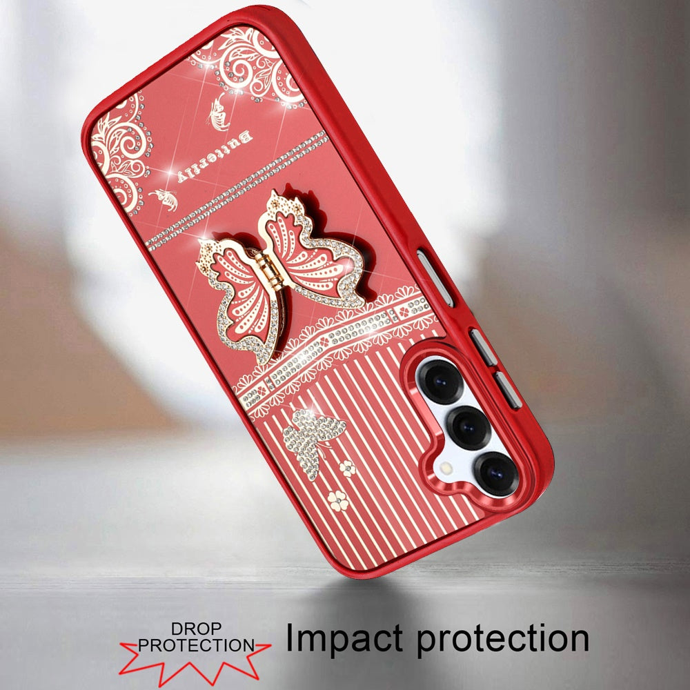 For Samsung Galaxy A16 5G Glitter 3D Butterfly Design Bling Metallic Edge Hybrid Stand Drop Protection TPU Shockproof Case Cover Cosmic Orange