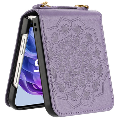 For Motorola Razr+ PLUS (2025 /2024) Embossed Floral PU Leather Henna Mandala Design Flip Cover with Strap, Hybrid Protective Case Cover
