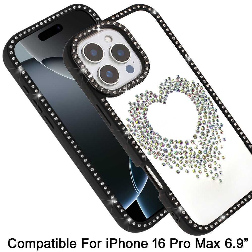For iPhone 16 Pro Max (6.9") Angel Hearts Glitter Shimmer Diamond Edge Hybrid Drop Protection Shockproof Design Case Cover