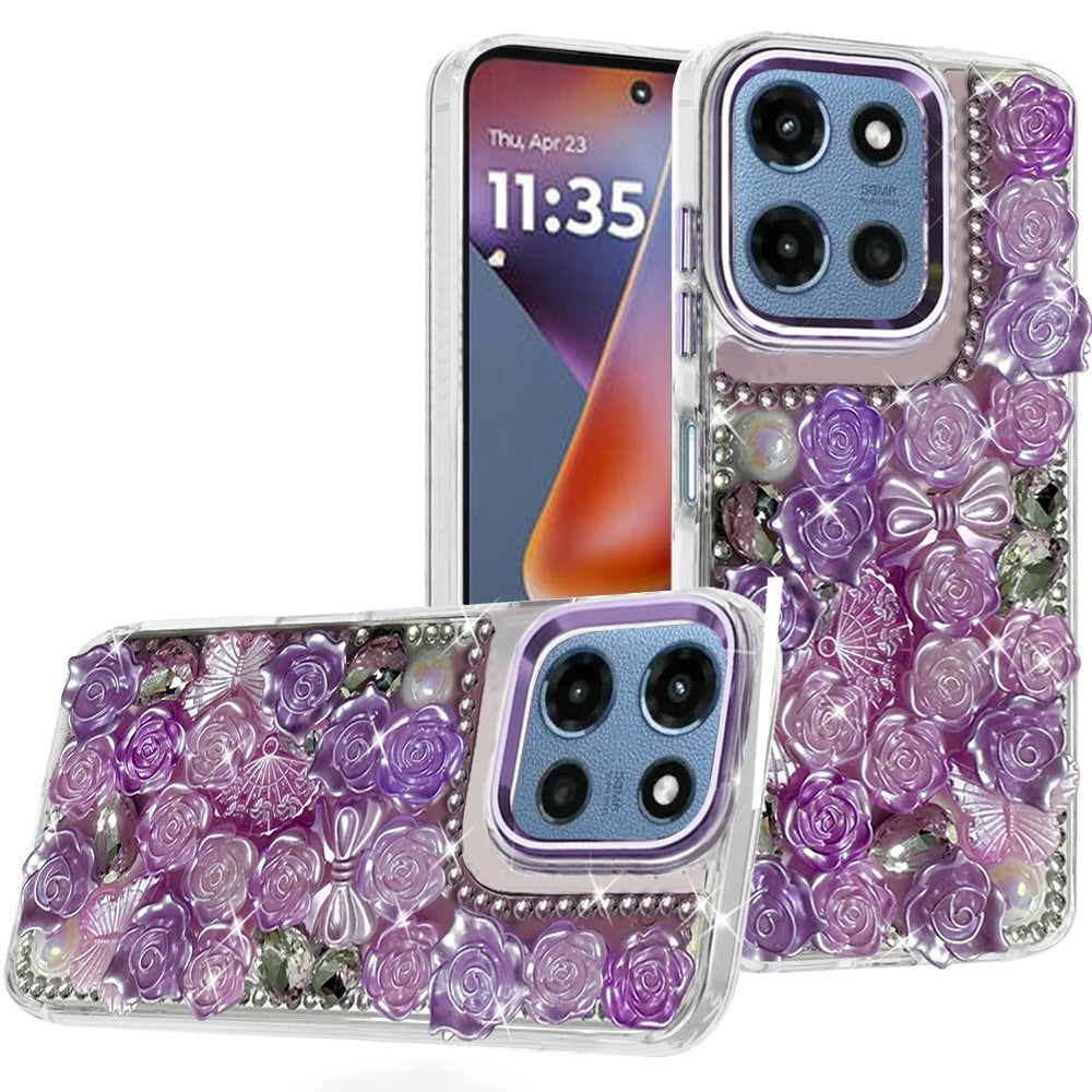 Phone Case for Motorola Moto G Play 5G 2026 3D Flower Bling Rhinestone Glitter Cute Stylish Shockproof Protective Decorative Luxury Grip Stones Ornaments Cover Purple