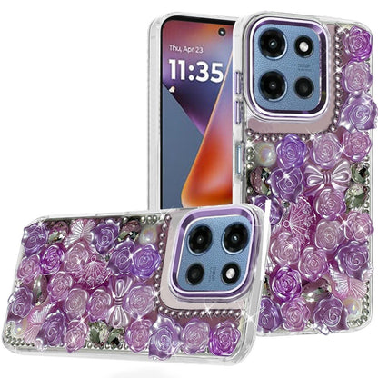 Phone Case for Motorola Moto G Play 5G 2026 3D Flower Bling Rhinestone Glitter Cute Stylish Shockproof Protective Decorative Luxury Grip Stones Ornaments Cover Purple