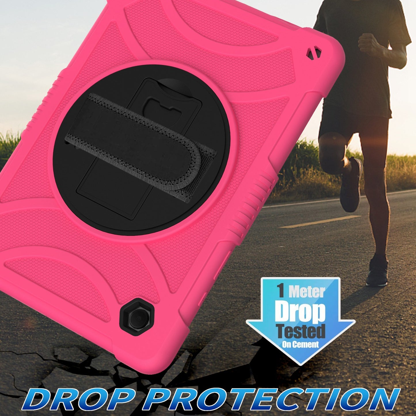 For 3-in-1 Tough Hybrid Shockproof Protector Silicone TPU with Pencil Holder, Kickstand, Hand & Shoulder Strap Hot Pink Tablet Case Cover