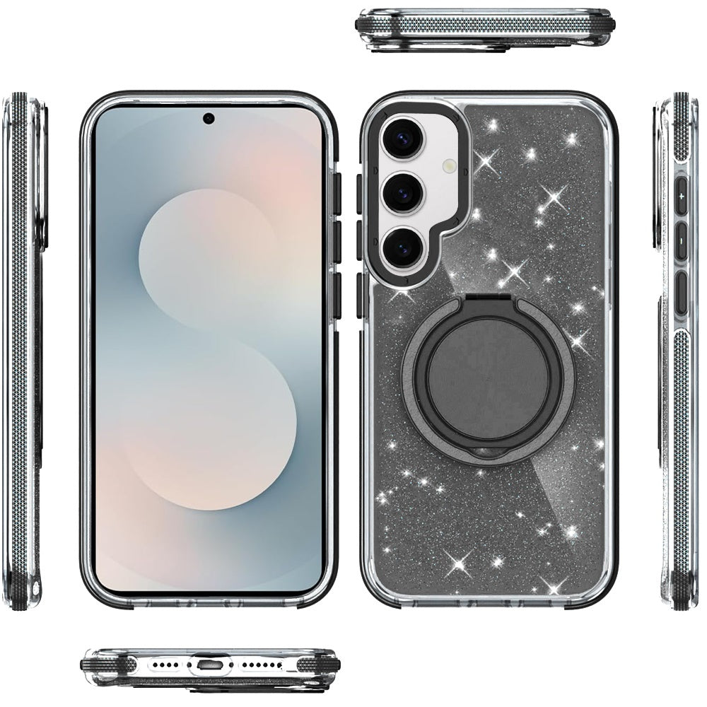 For Samsung Galaxy S25 FE /S25 Fan Edition Slim Bling Glitter Sparkly Shimmer Hybrid with Magnetic Ring and 360° Rotational Stand [Compatible with Magsafe] Case Cover Black