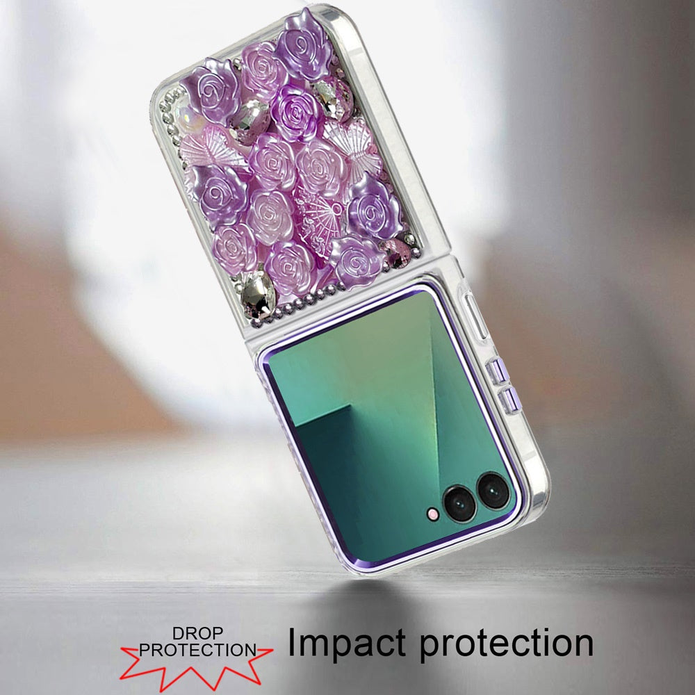For Samsung Galaxy Z Flip 7 Muti-Color Floral Fashion Bling Crystal 3D Full Diamonds Stones Sparkle Rhinestone Glitter Hybrid Case Cover