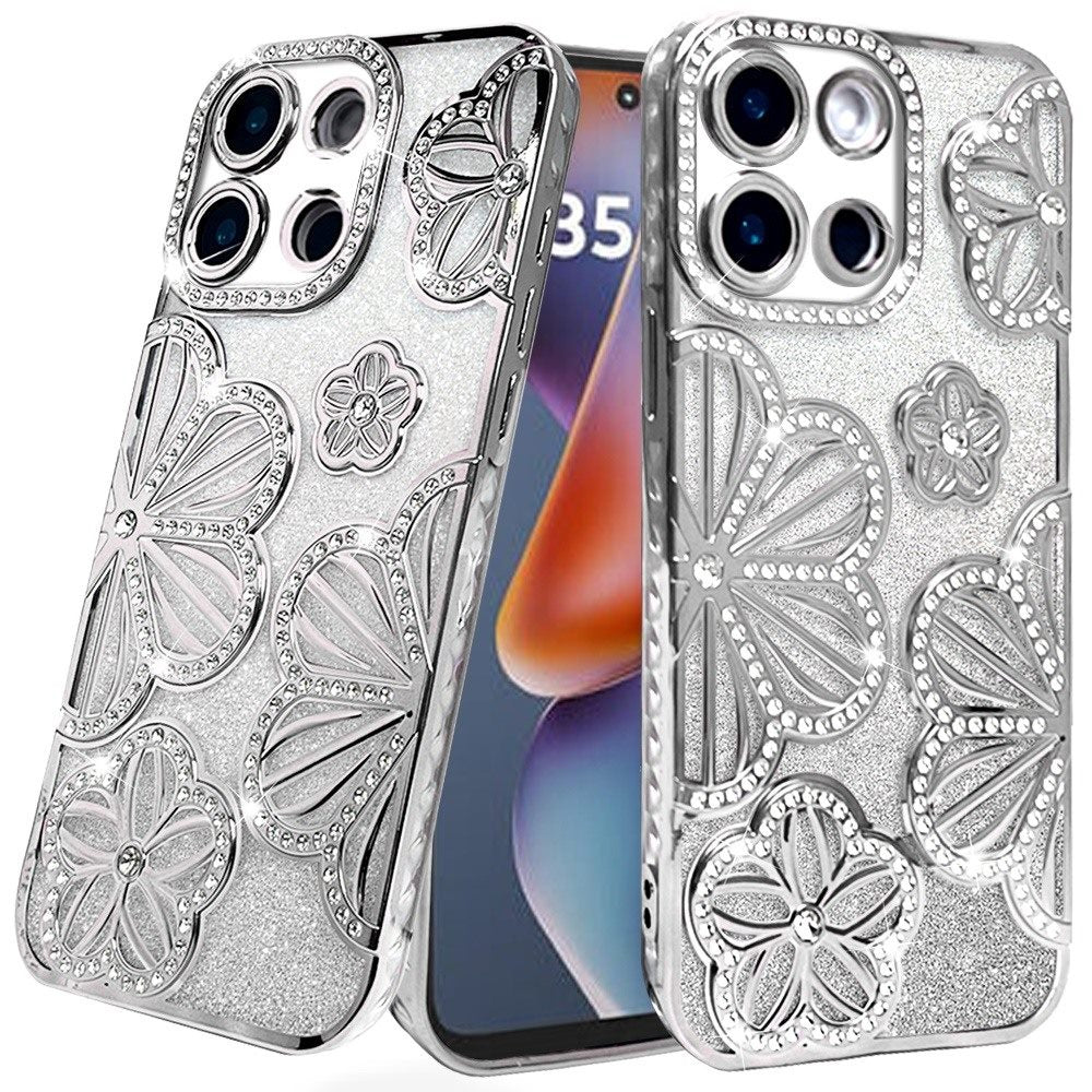 For Samsung Galaxy A26 Luxury Flower Design Sparkle Glitter Diamond Rhinestone Shimmer Bling Plating Thick TPU Hard PC Case Cover Flower Silver
