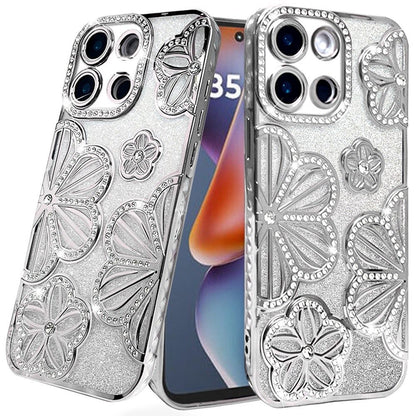 For Samsung Galaxy A26 Luxury Flower Design Sparkle Glitter Diamond Rhinestone Shimmer Bling Plating Thick TPU Hard PC Case Cover Flower Silver