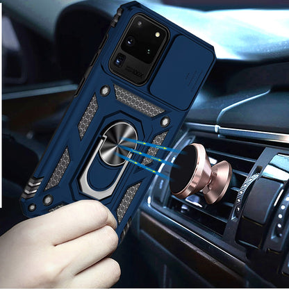 For Samsung Galaxy S20 Ultra Hybrid Ring Shockproof with 360° Rotate Ring Kickstand, Camera Lens Protection, Soft Edge Bumper Case Cover Blue