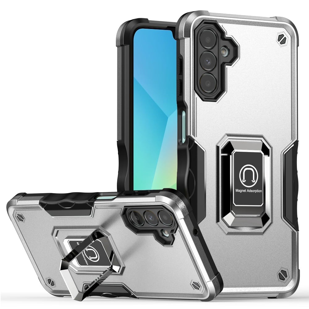 For Samsung Galaxy A16 5G Hybrid Stand Magnetic Ring Holder Kickstand Heavy Duty Rugged Drop Silicone & Hard PC Shockproof Case Cover Silver