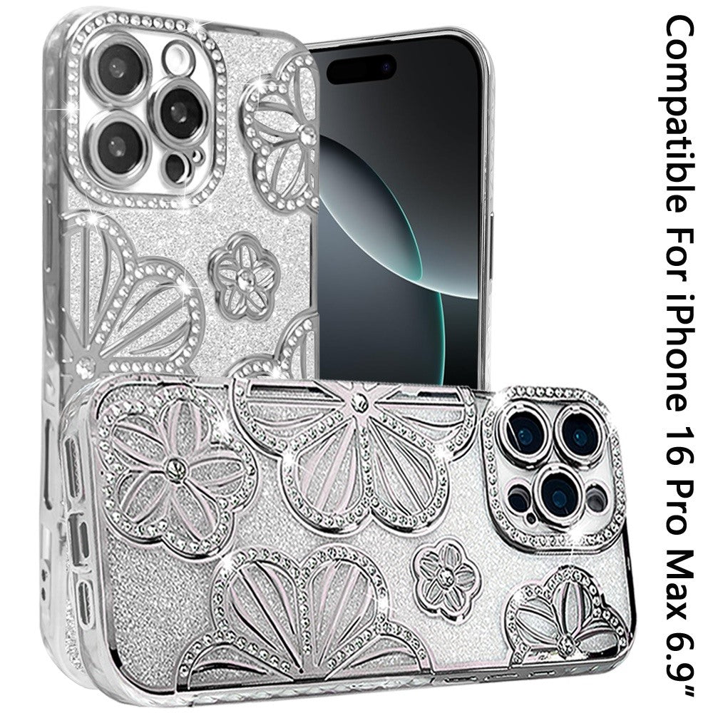 For iPhone 16 Pro Max (6.9") Luxury Flower Design Sparkle Glitter Diamond Rhinestone Shimmer Bling Plating Thick TPU Hard PC Case Cover