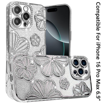 For iPhone 16 Pro Max (6.9") Luxury Flower Design Sparkle Glitter Diamond Rhinestone Shimmer Bling Plating Thick TPU Hard PC Case Cover