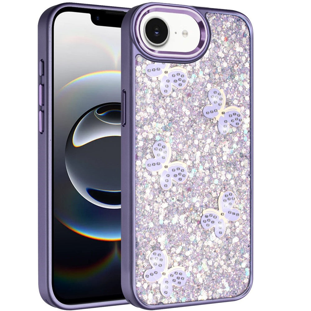 For Apple iPhone 17E /16E Cute Butterfly Crystal Diamond Glitter Case Sparkle Bling Frame Metallic Edges, Shimmer TPU Hybrid Case Cover