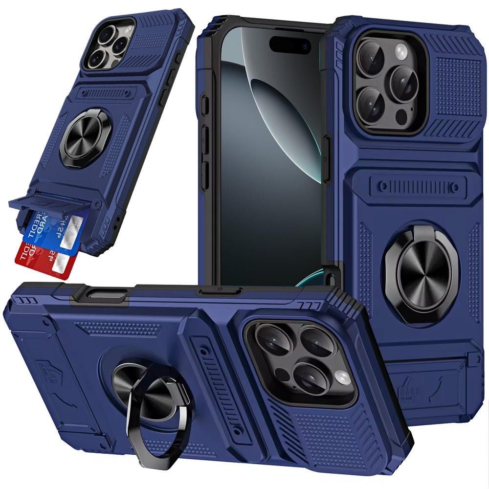 Phone Case for Apple iPhone 16 Pro Max Multi Functional Card Slot Shockproof Metal Ring Hybrid Wallet Rugged Protective Grip Heavy Duty Durable Cover Blue