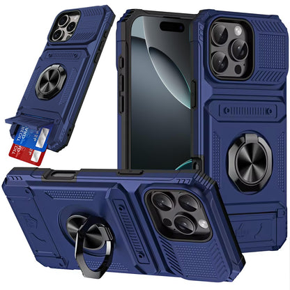 Phone Case for Apple iPhone 16 Pro Max Multi Functional Card Slot Shockproof Metal Ring Hybrid Wallet Rugged Protective Grip Heavy Duty Durable Cover Blue