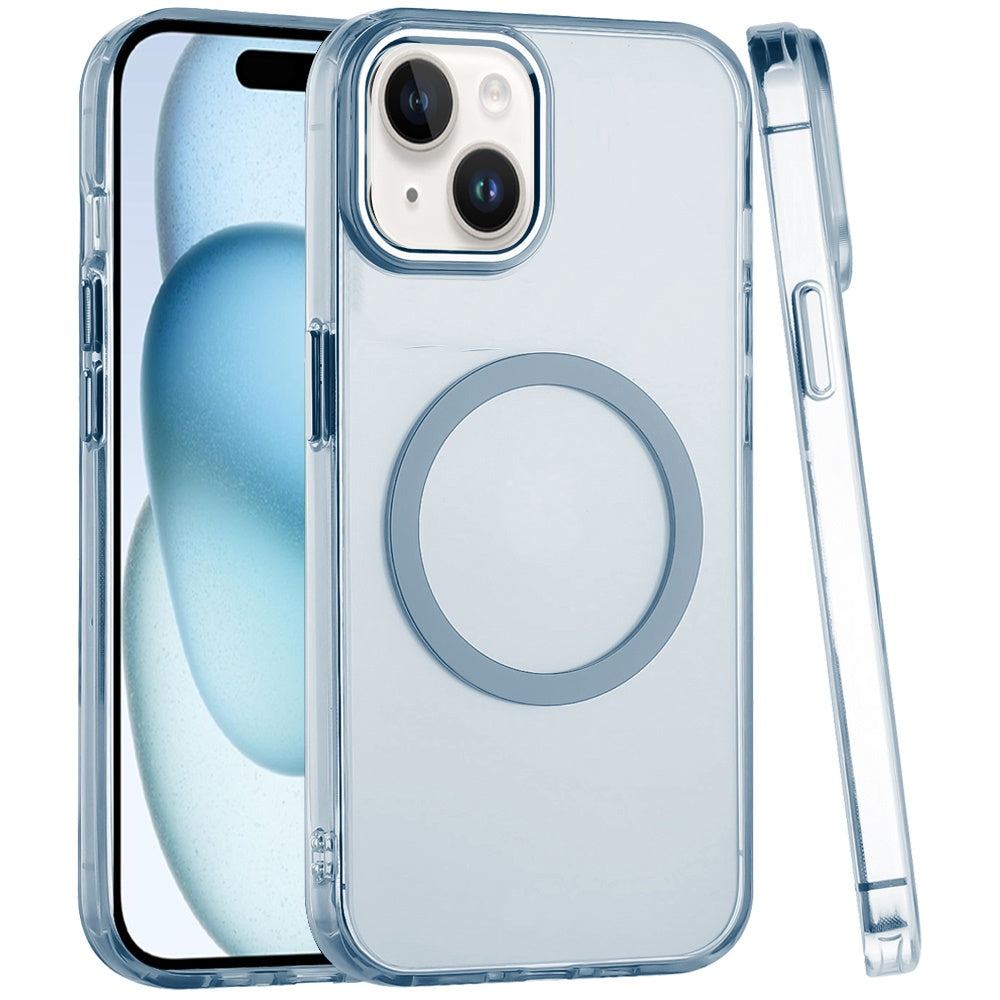 For iPhone 15 (6.1") Transparent Back Hybrid Case - Magnetic Circle, Color Frame, Metal Buttons, MagSafe Compatible Case Cover