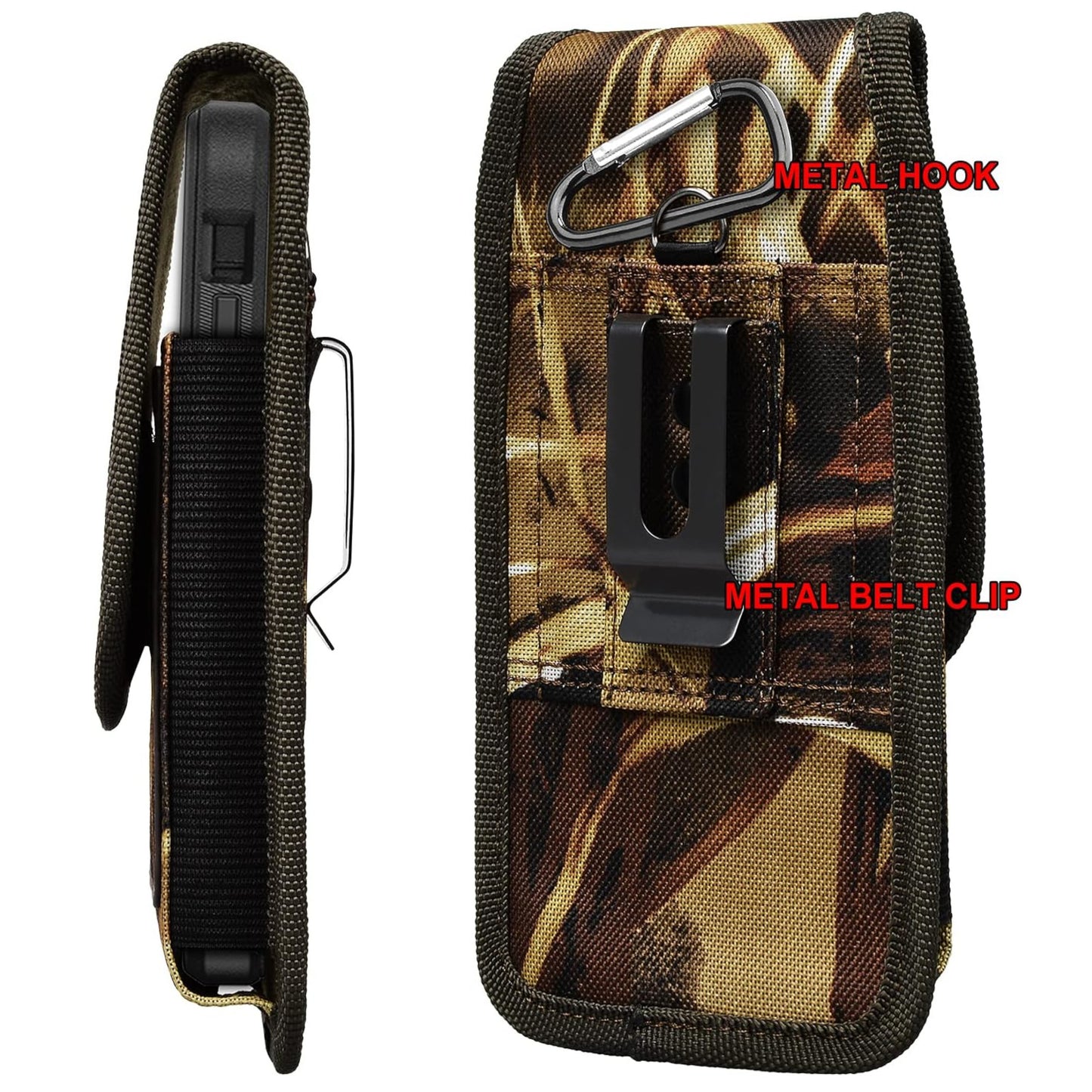 For Apple iPhone 16 Pro (6.3") Vertical Camouflage Nylon Canvas Holster Universal Cell Phone Pouch Velcro Closure with Credit Card Slot & Belt Clip Loop Carabiner [Hunting Camo]