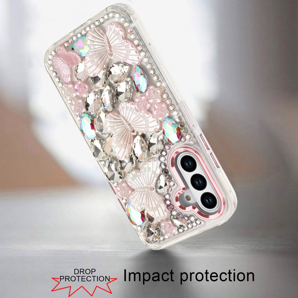 For Samsung Galaxy A36 3D Diamond Floral Butterfly Bling Stone Hybrid, Sparkly Rhinestone Gemstone Back Shockproof Case Cover