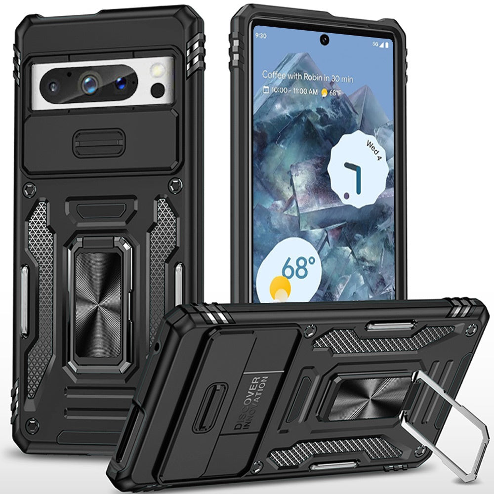 For Google Pixel 9 Pro XL Tough Hybrid Case with Movable Camera Window & Metal Ring Stand Shockproof Case Cover
