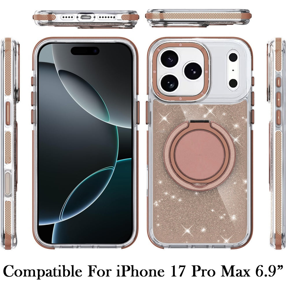 For Apple iPhone 17 Pro Max (6.9") Slim Bling Glitter Sparkly Shimmer Hybrid with Magnetic Ring and 360° Rotational Stand [Compatible with Magsafe] Case Cover