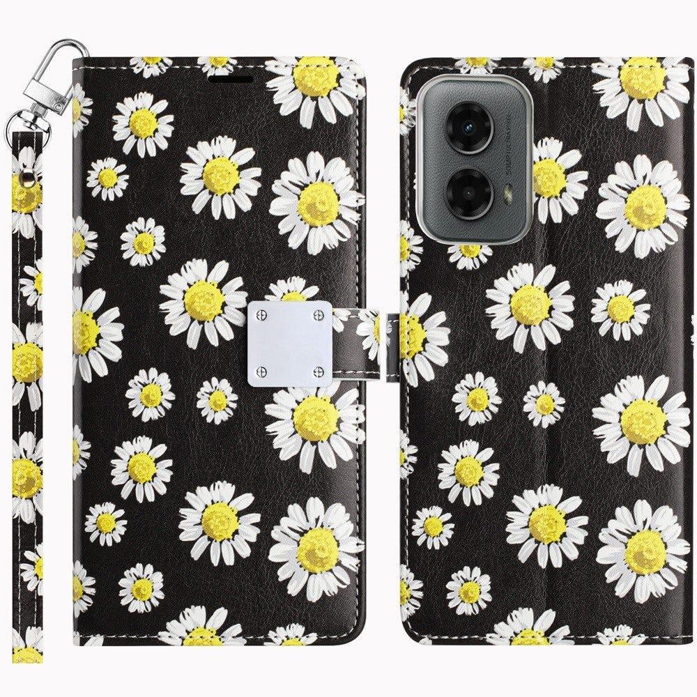 For Motorola Moto G 5G 2024 Wallet Card Holder Lanyard Magnetic Metal Closure Shockproof Protection Secure Grip ID Cash Storage Strap Carry Design Case Cover White Daisy Blossom Floral