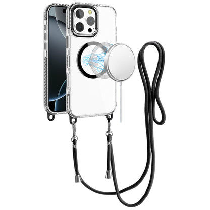 For Apple iPhone 11 Pro Max Clear Magnetic Frame PC Back Shockproof Protective Case with Detachable Lanyard Strap, Compatible with MagSafe Case Cover Black