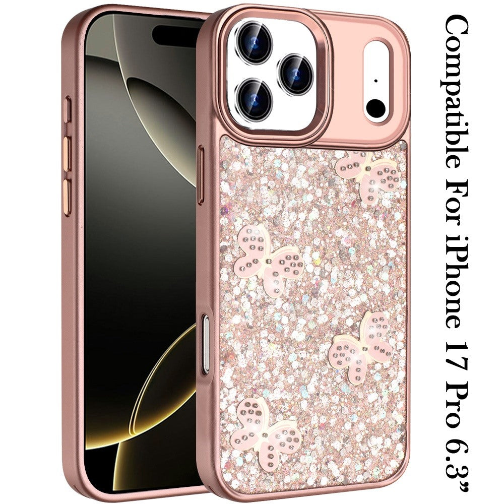 For Apple iPhone 17 Pro (6.3") Cute Butterfly Crystal Diamond Glitter Case Sparkle Bling Frame Metallic Edges, Shimmer TPU Hybrid Case Cover