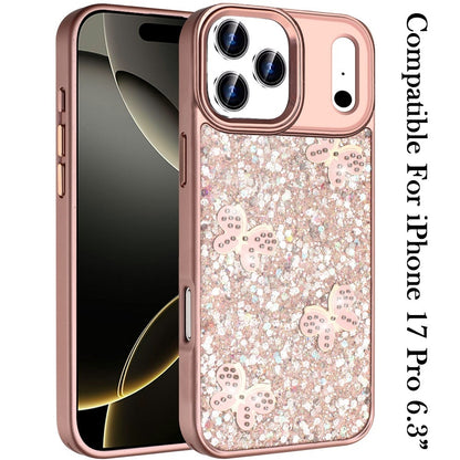 For Apple iPhone 17 Pro (6.3") Cute Butterfly Crystal Diamond Glitter Case Sparkle Bling Frame Metallic Edges, Shimmer TPU Hybrid Case Cover