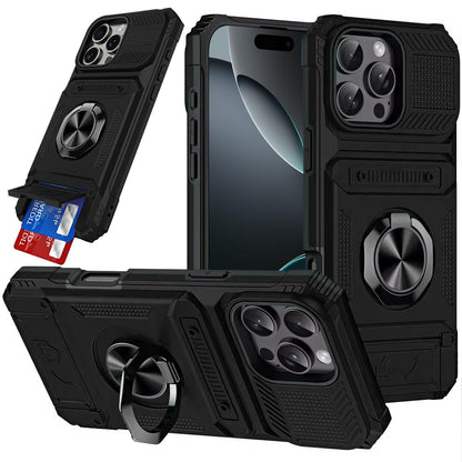 For iPhone 16 Pro Max (6.9") 2X Card Slot Metal Ring Stand Hybrid Shockproof Heavy Duty Drop Protection Multi Functional Design Case Cover Black