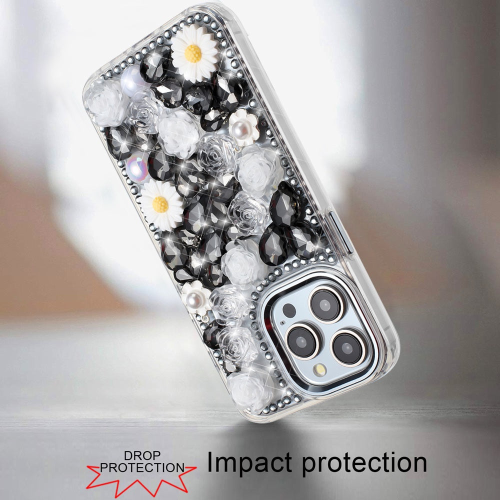 For Apple iPhone 13 Pro Max Fashion Daisy Floral Series, Full 3D Bling Crystal Diamonds Sparkling Rhinestone Glitter Hybrid Design Case Cover Black